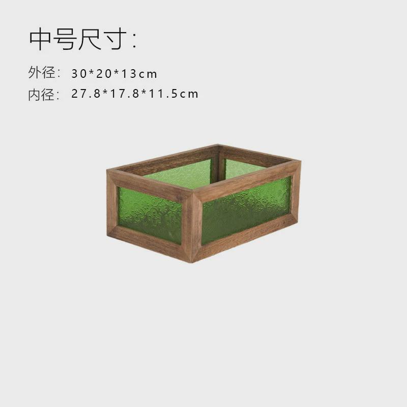 复古木质化妆台桌面装饰杂物盒整理无盖木盒摆设海棠花玻璃收纳盒