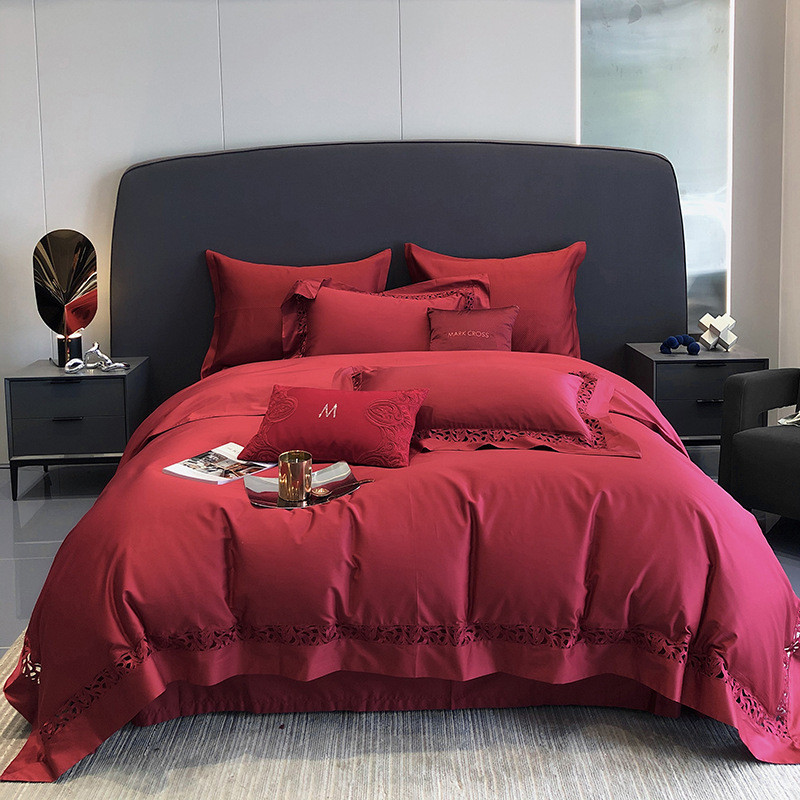 结婚120支长绒棉数码印花婚庆四件套全棉宽边大红被套高端1.8床品