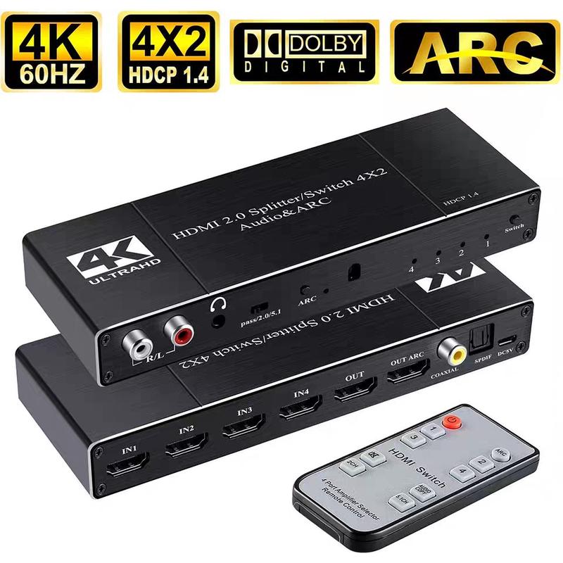 4K分屏矩阵HDMI四进二出ARC切换器60音频分离器分配器二合一电视