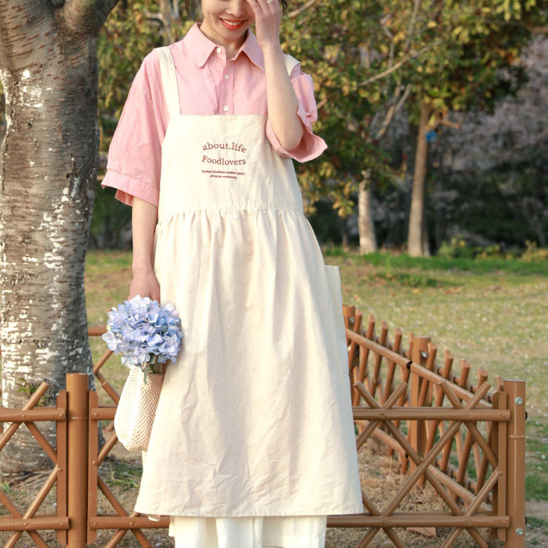 外贸围裙家用厨房罩衣ins风围裙工作服全棉防泼水刺绣花店