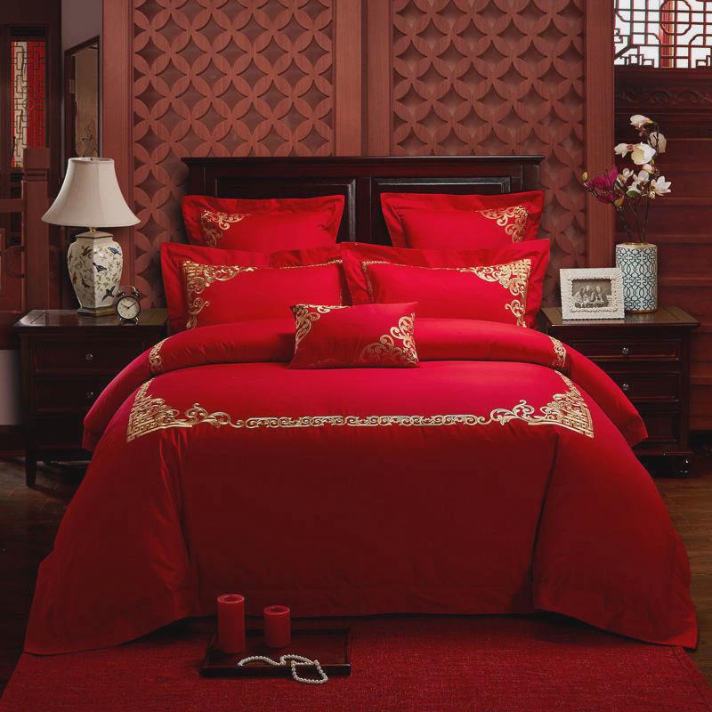 新婚庆四件套大红色全棉刺绣结婚床床上用品双人婚嫁六件套被套品