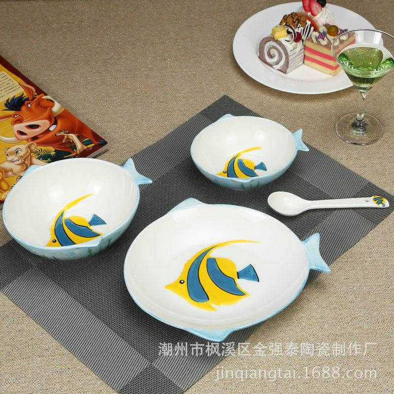 创意手绘卡通儿童勺子餐具套装家用陶瓷碗盘碟陶瓷图案可定制,家装主材,台上艺术碗盆,淘宝优惠券,粉丝福利购,淘宝优惠卷