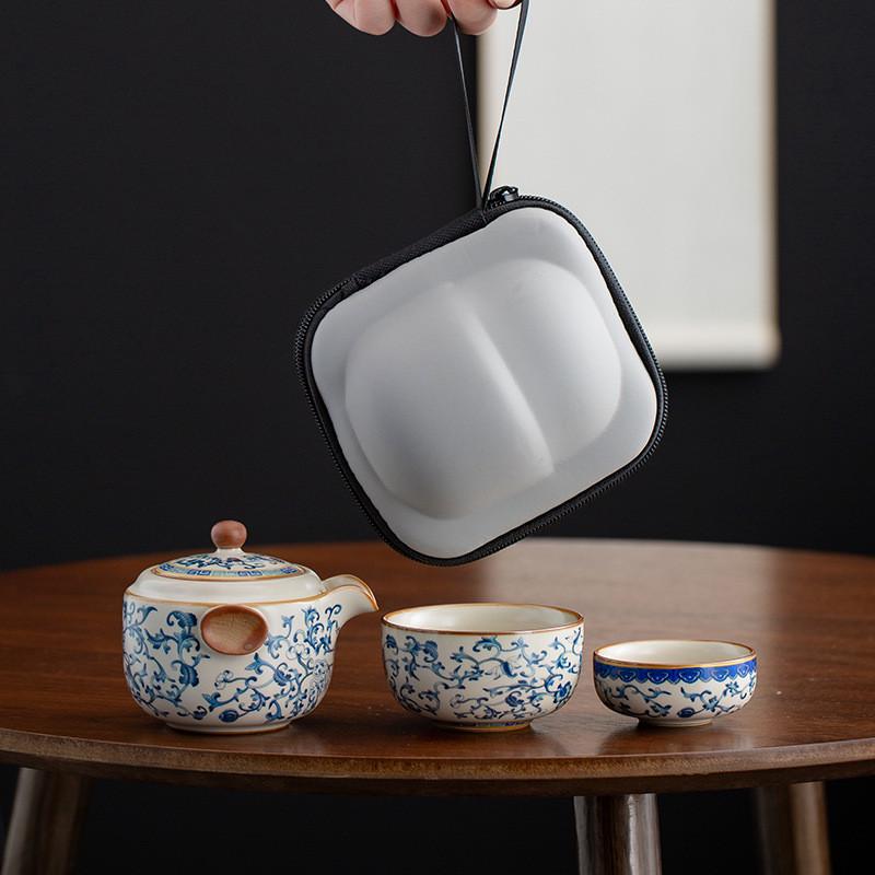 青花一壶旅行茶具套装汝窑三杯茶壶茶杯快客杯便携式包户外泡茶壶