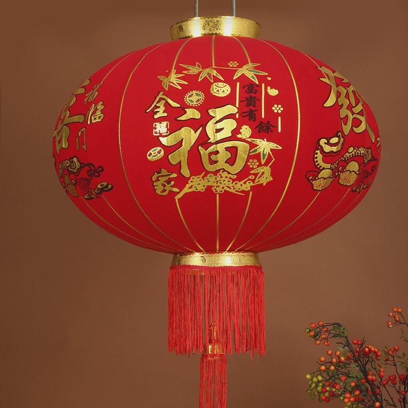 春节挂饰灯笼植绒灯笼中式大红灯笼节庆装饰直杆款灯笼流苏带吊灯