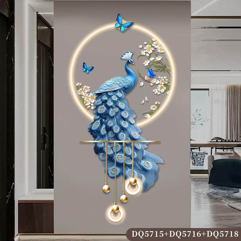 孔雀挂画高级感立体led壁灯新中式入户走廊过道玄关装饰画