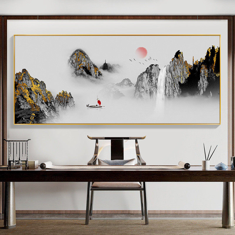 6qcs新中式壁画山水画客厅墙挂画禅意水墨国画书房茶室装饰画日出