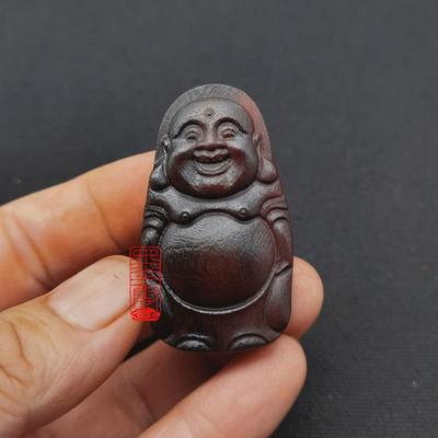 适用檀木大肚弥勒佛笑佛像吊坠女士项链男款挂件木质护身符工艺品