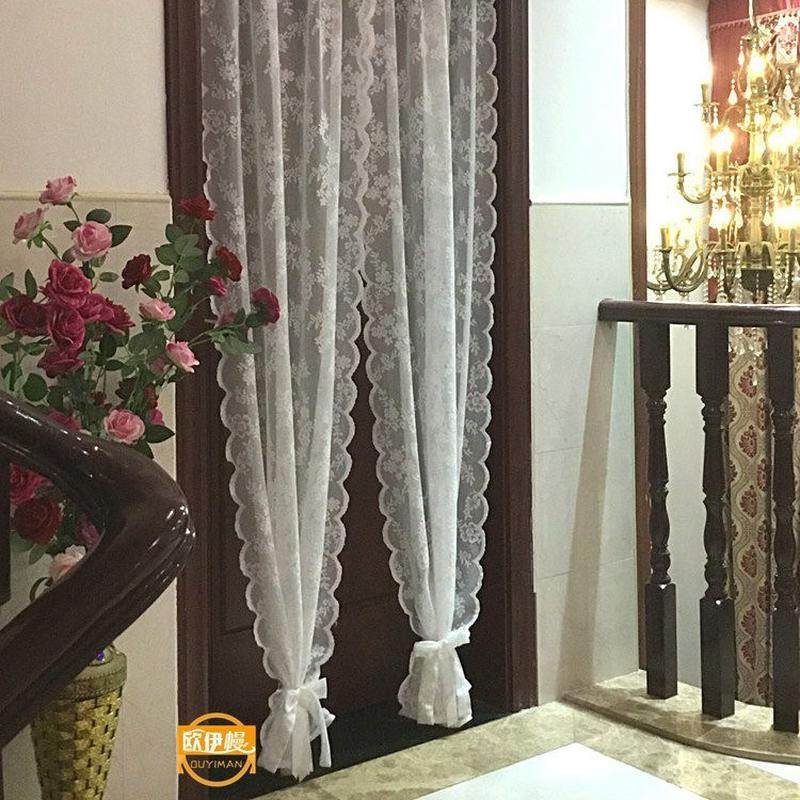 窗帘蕾丝免打孔韩式厨房门帘隔断帘卧室白色纱帘穿杆小半帘魔术贴