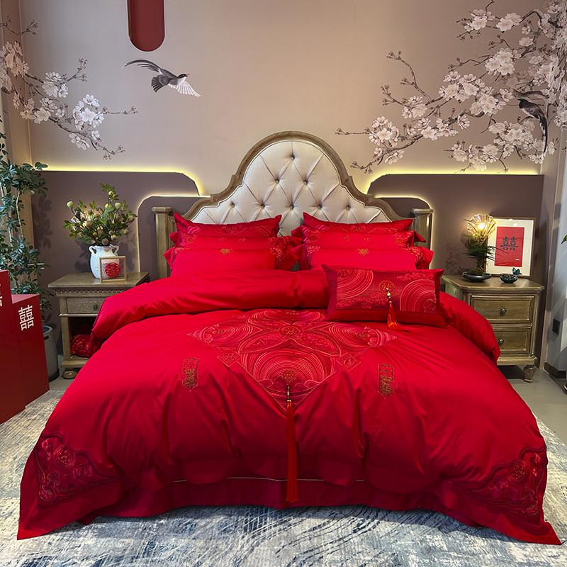 九喜狐婚庆家纺红色被套结婚床上用品四件套婚备100全棉婚房布置