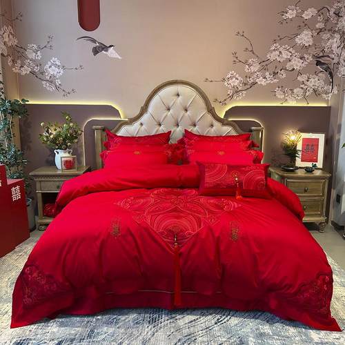 九喜狐婚庆家纺红色被套结婚床上用品备婚四件套100全棉婚房布置