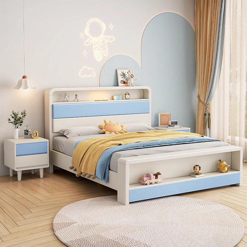 北欧实木学生床1.2米1.5米单人床原木风卧室公主床带夜光灯