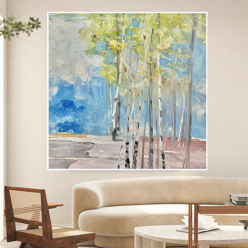 纯手绘油画白桦林抽象装饰画玄关餐厅客厅风景厚肌理刀画挂画竖版