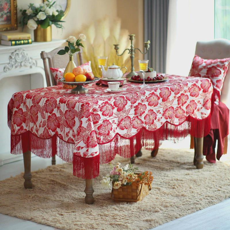 泰绣法式桌布餐桌桌布蕾丝茶几布桌布轻奢高级感流苏ins风圆桌布