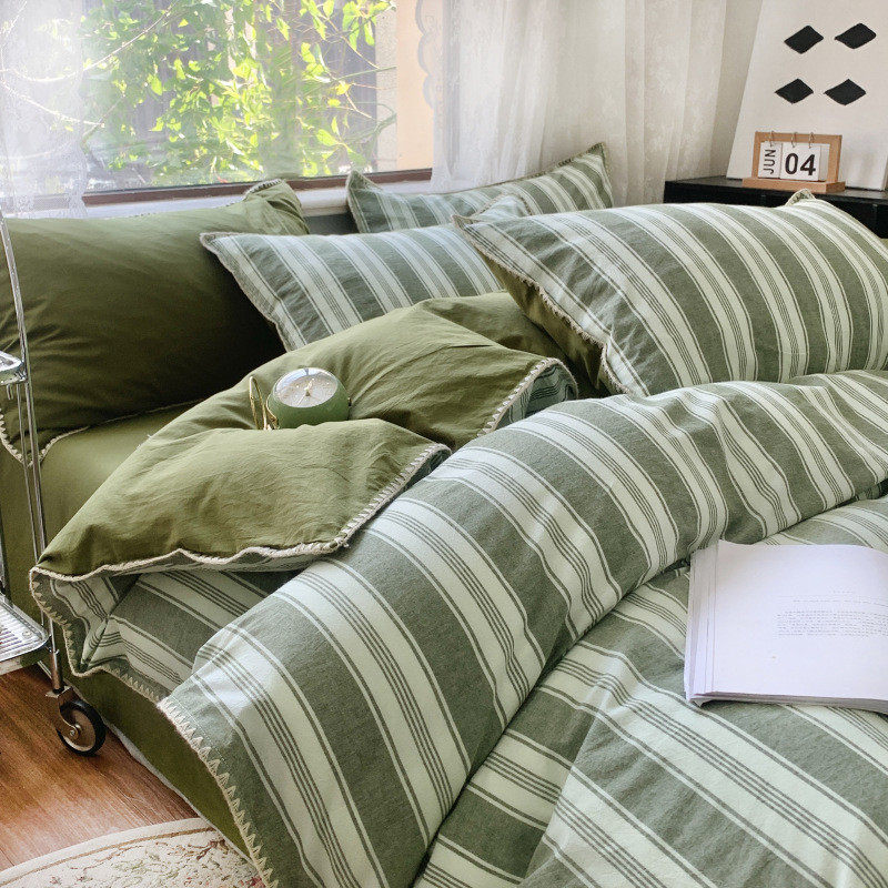 中古风条纹色织水洗棉床上四件套全棉纯棉贝壳边被套床笠单3件套4,床上用品,床品套件/四件套/多件套,淘宝优惠券,粉丝福利购,淘宝优惠卷