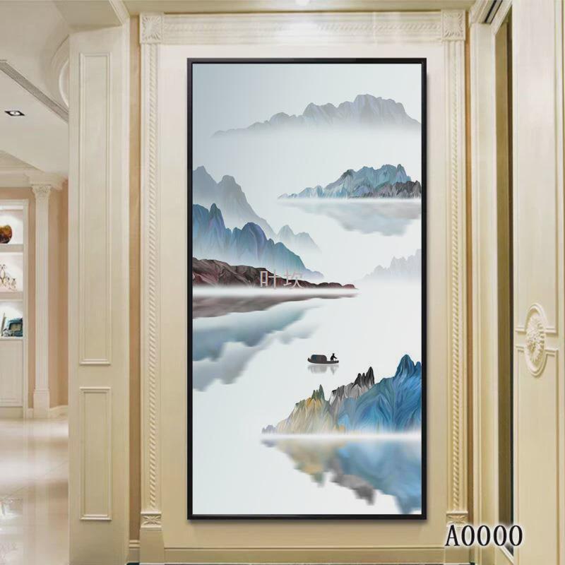 y禊316d新中式山水玄关壁纸竖版走廊过道意境进门壁画墙布8d生财