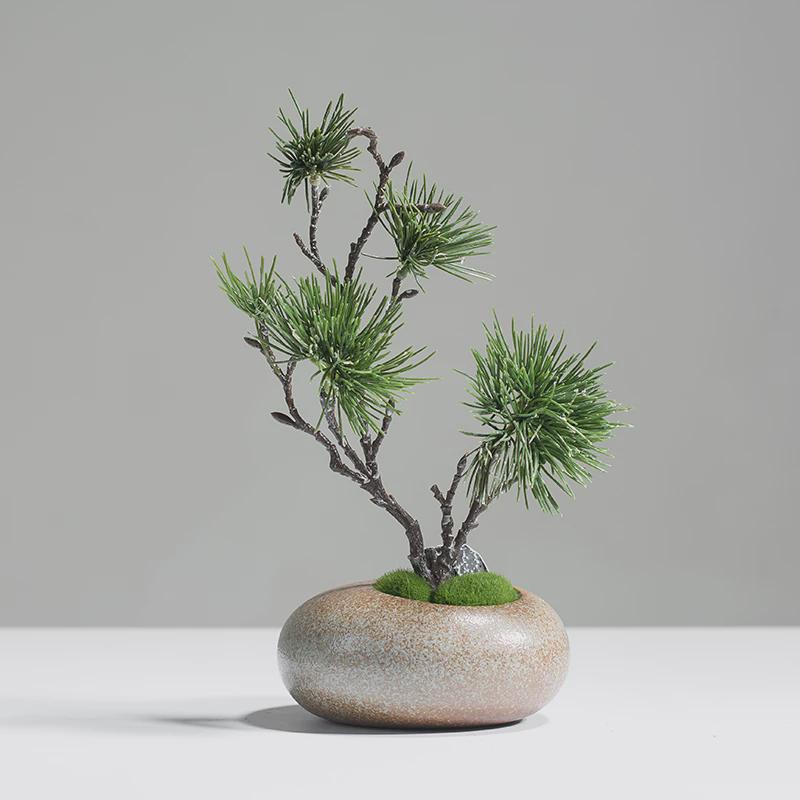 中式仿真迎客松小盆景摆件陶瓷花瓶套装植物桌面客厅装饰假花松树