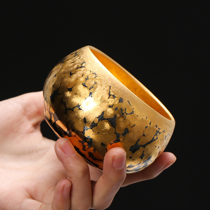 手工金油滴陶瓷铁胎黄金天目茶盏鎏金建盏主人杯金盏茶杯单个礼盒