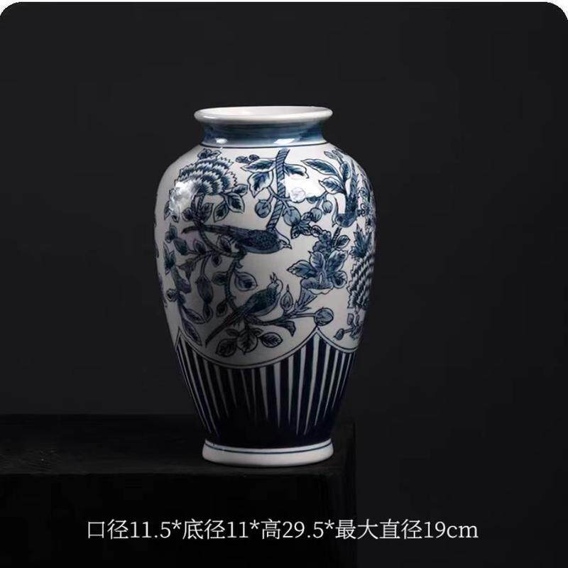 批发青花瓷玄关花瓶摆件青花雀鸟瓶客厅陶瓷花器新中式