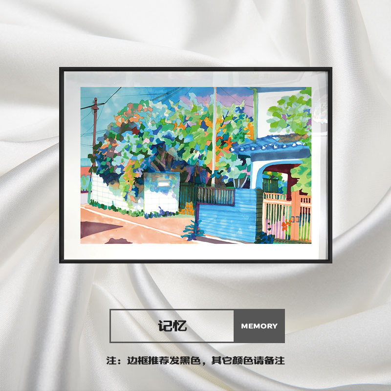 日韩简约铅笔写实水墨风景装饰画街道森林房屋小溪版画客厅餐厅