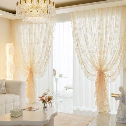 法式奶油风轻奢蕾丝纱帘荷叶边窗帘复古洛可可客厅卧室飘窗阳台纱