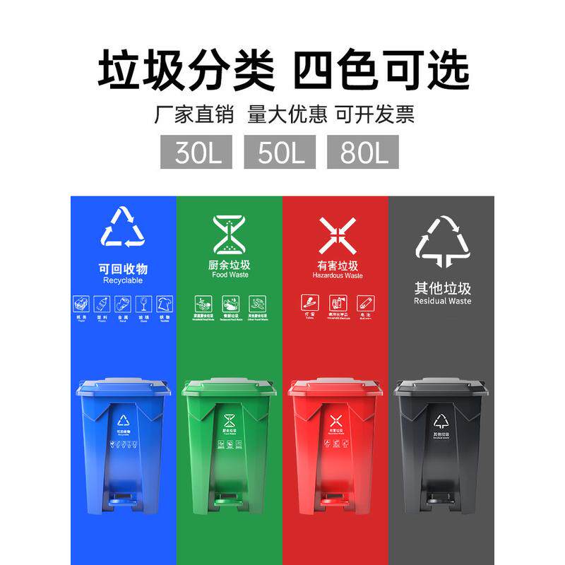 a6l四色分类脚踏垃圾桶物业大容量商用厨余户外环卫箱脚踩式带盖