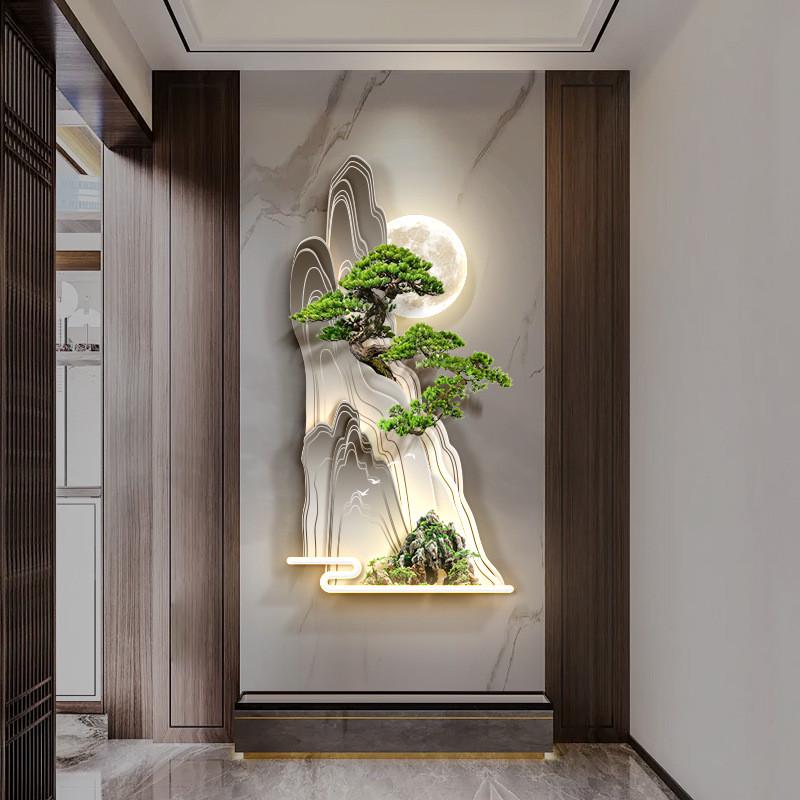 3d入户玄关装饰画迎客松走廊过道尽头发光壁画新中式竖版山水挂画图片