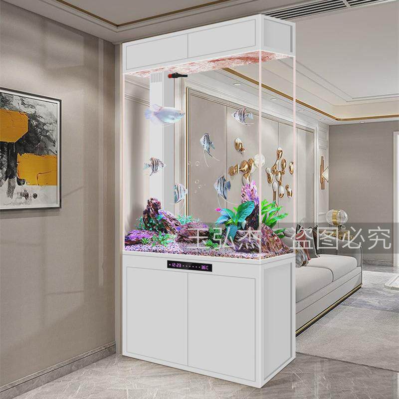 屏风鱼缸客厅入户玄关柜现代轻奢酒店办公室隔断底滤水族箱免换水
