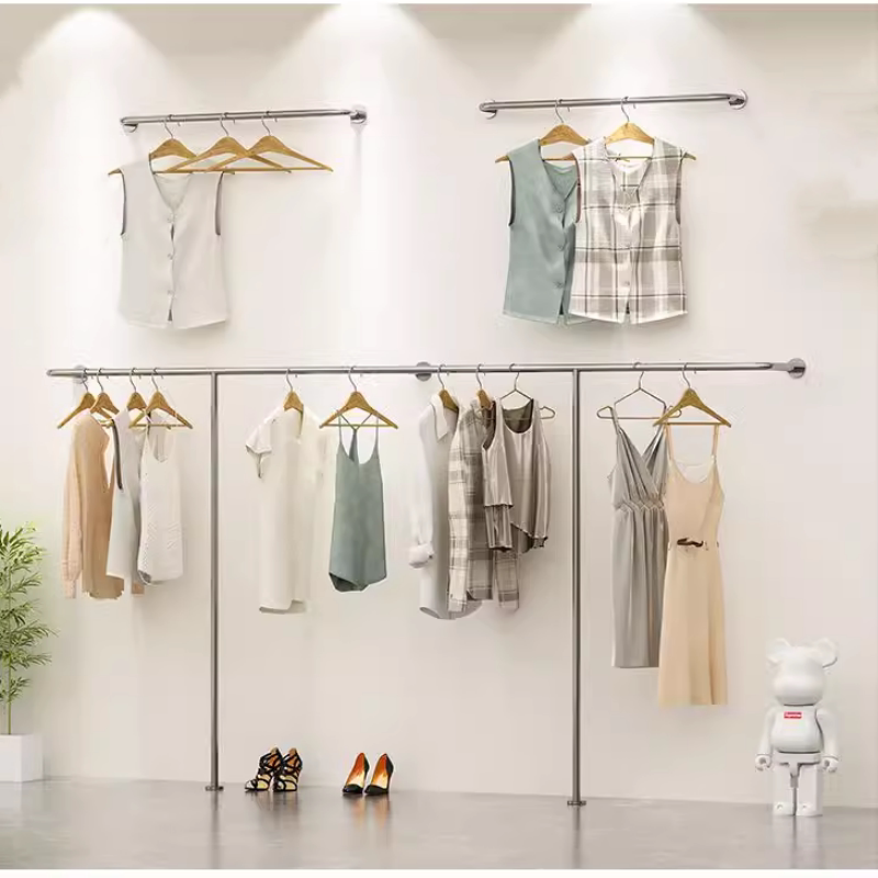 服装店上墙不锈钢展示架挂衣架子壁挂式店货架落地式挂
