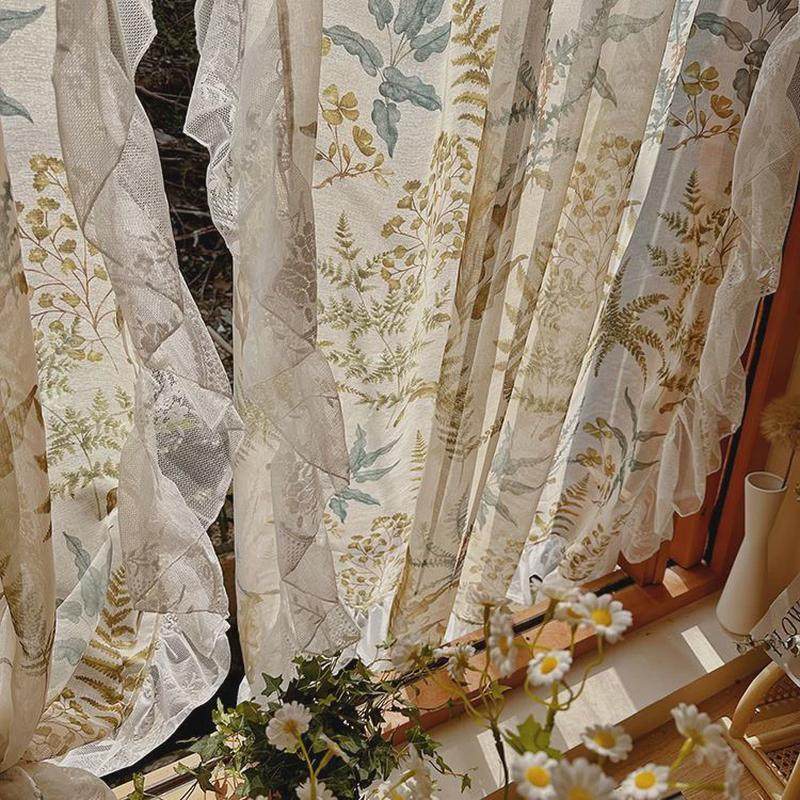 美式蕨叶印花纱帘唯美卧室阳台透光窗帘法式复古荷叶边落田园新款,居家布艺,成品窗帘,淘宝优惠券,粉丝福利购,淘宝优惠卷