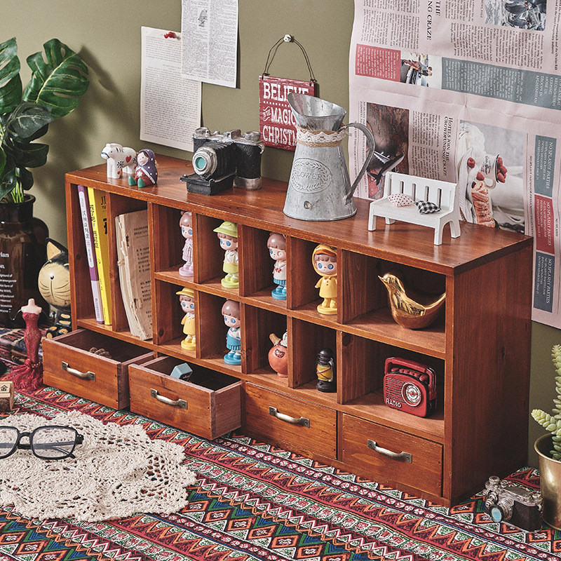 热销pk7j多功能桌面收纳盒木质摆件手账置物架学生宿舍抽屉格子整