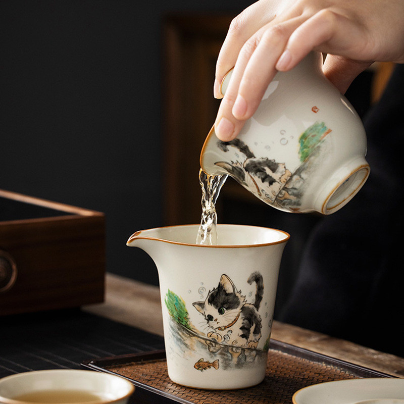 热销汝窑萌猫陶瓷公道杯家用高档分茶器大容量茶海定夫茶具配件lo