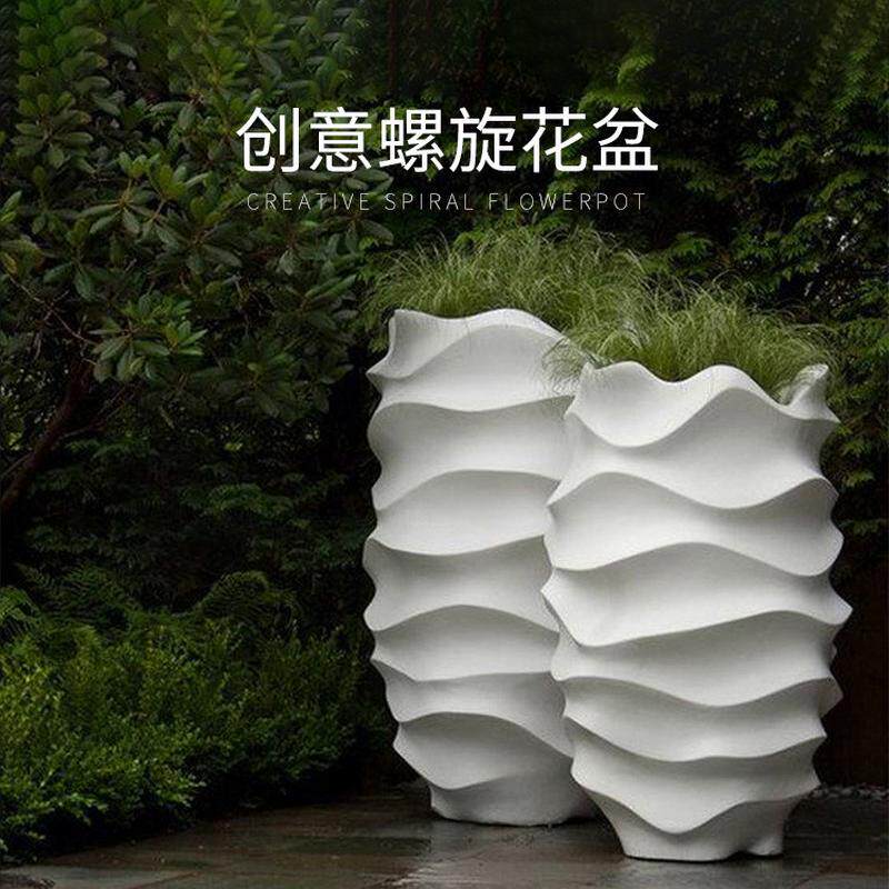 玻璃钢圆形花盆厂家直销商场酒店椭圆大花瓶弧形公园户外圆柱花钵
