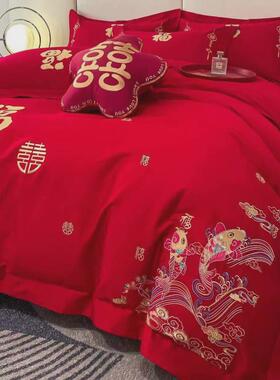 J6DA2024新年喜庆结婚四件套大红色喜字婚房新婚床单中式婚庆床上
