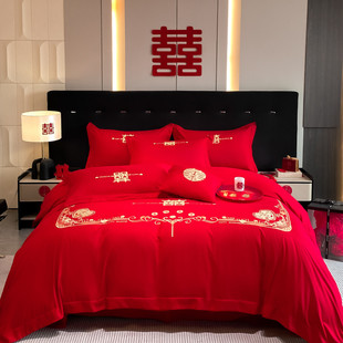 婚庆四件套被子枕芯套装床上用品新婚红色全套一整套中式刺绣喜被