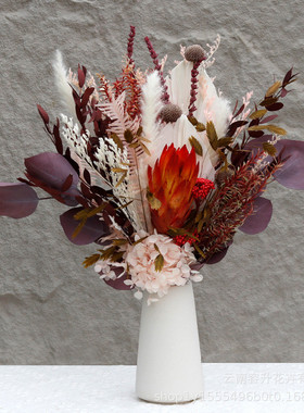 雪莲花干花花束蒲扇尤加利叶混搭红色高级感花瓶插真花家居成品