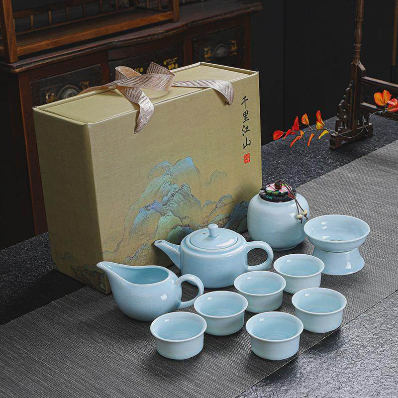 千里江山哥窑功夫茶具套装开六杯一壶片商务会议logo中秋伴手礼,餐饮具,功夫茶具,淘宝优惠券,粉丝福利购,淘宝优惠卷