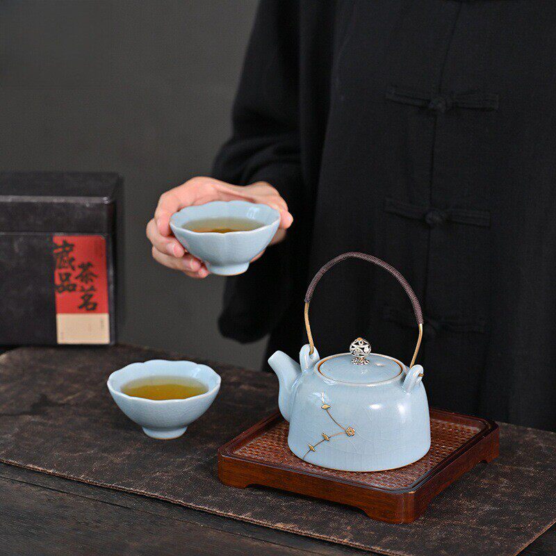 汝窑锔钉一壶两杯礼盒套装李辉熠手作复古汝瓷功夫茶具新款提梁壶