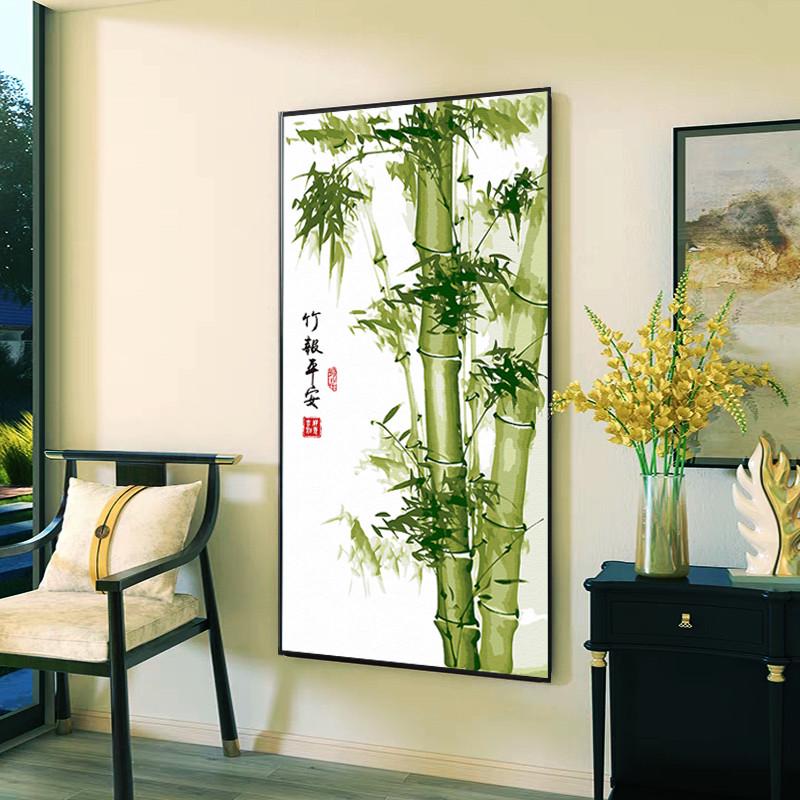 竖版大幅竹报平安DIY数字油画新中式客厅玄关装饰画水墨竹子挂画