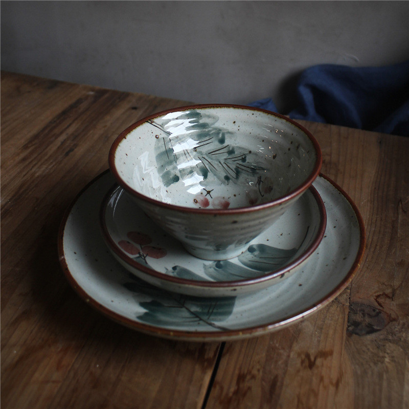 1p2r粗陶手绘斗笠型餐具青花釉下彩中式米饭碗汤碗点心碗水果碗圆