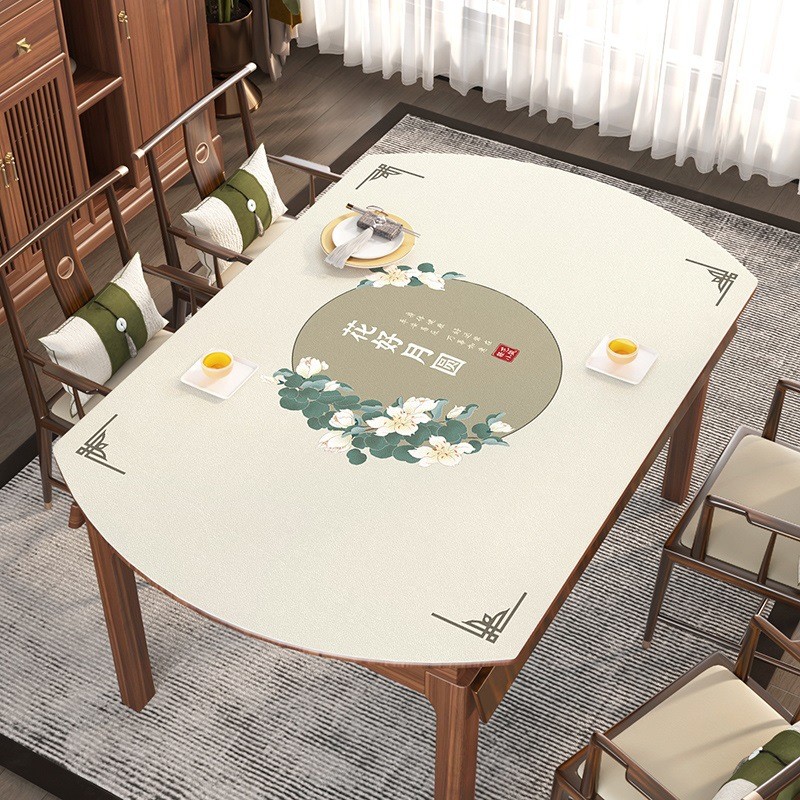 新中式椭圆形餐桌布防水防油免洗折叠圆桌高级感可伸缩轻奢茶几垫