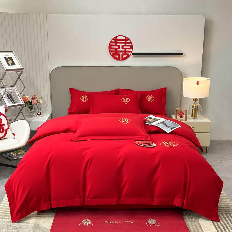 2023柔软结婚刺绣工艺四件套婚礼新款磨毛喜被婚被高档婚床用品