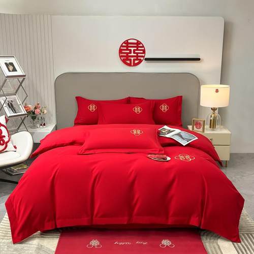 2023柔软结婚刺绣工艺四件套婚礼新款磨毛喜被婚被高档婚床用品