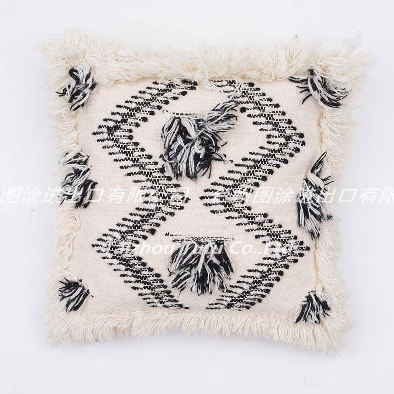 印度进口手工编织流苏抱枕北欧风民宿黑白灰羊毛靠枕ins装饰品