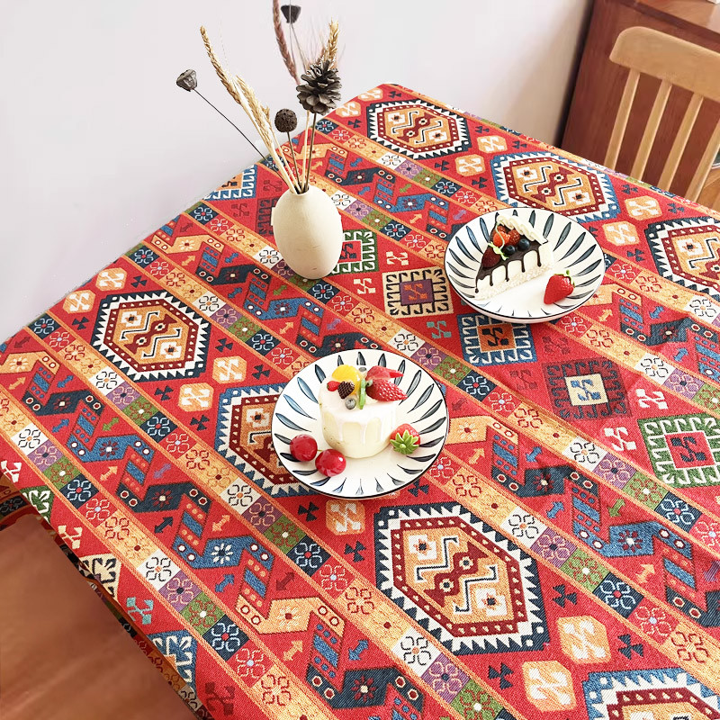 77n红色波西米亚餐桌布棉麻复古美式风情台布摩洛哥感轻奢ins
