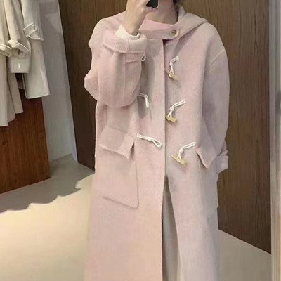 长毛牛角扣双面羊绒大衣中长款少女粉色减龄毛呢外套冬季款2023