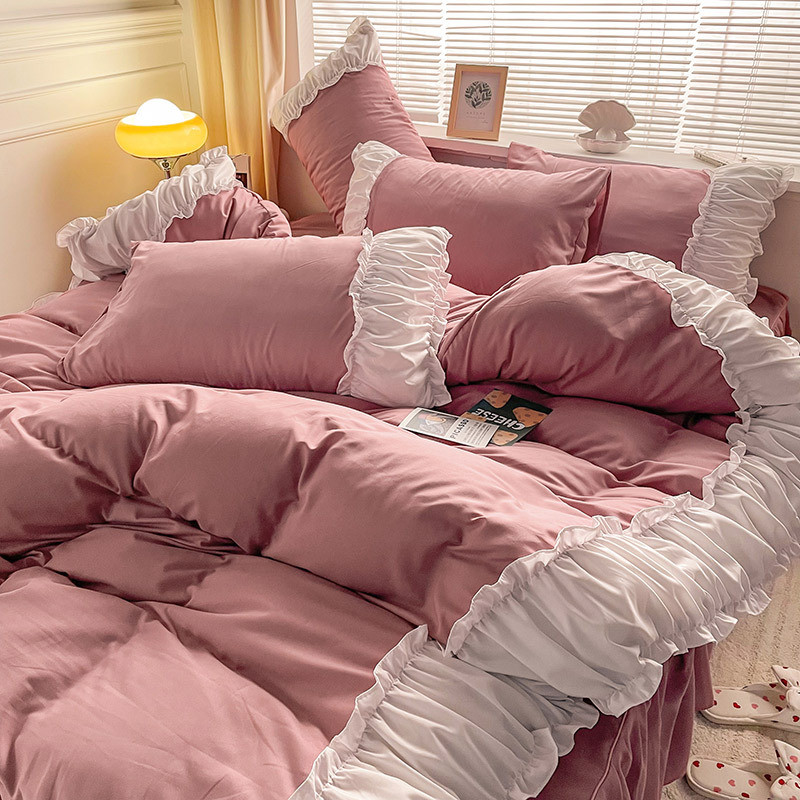 公主风ins蓝色花边床裙被套四件套少女心纯色床单宿舍床上三件套4