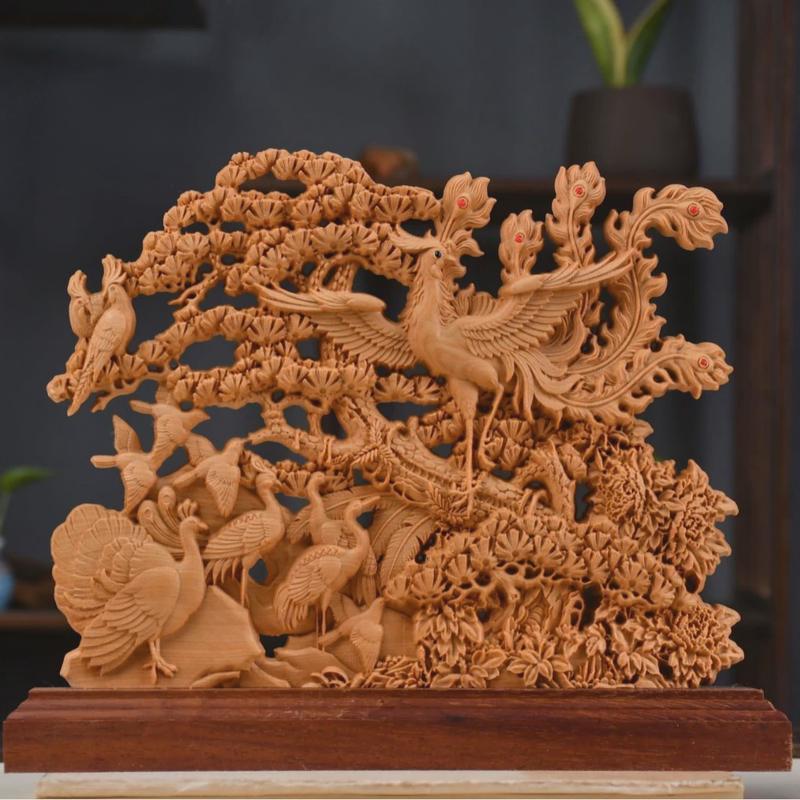 崖柏双面精雕镂空【百鸟朝凤】摆件家居木质摆件送礼摆件办公摆件
