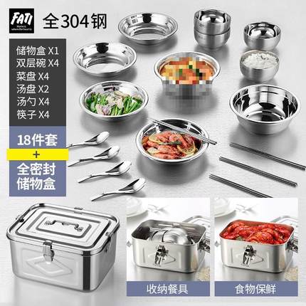 不锈钢餐具碗盘套装户外露营家用厨房碗碟盘子碗筷勺汤盆组合