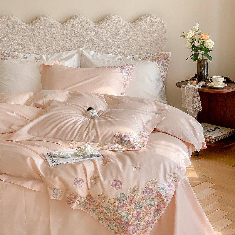 床轻奢120s长绒棉少女风全棉四件套小清新花卉刺绣柔软被套法式品
