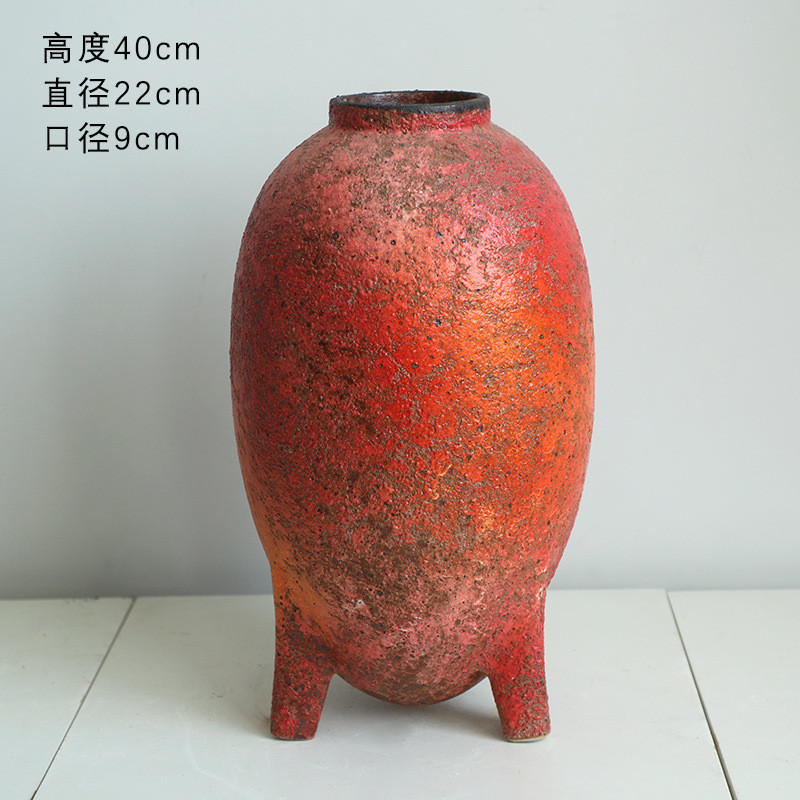 景德镇新中式石榴红花盆摆件家居插花客厅茶室饰品干花水培粗陶罐